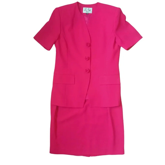 Vintage Le Suit Pink 2 Piece Set Skirt Roses Career Wear Size 10P Measured Small - Picture 1 of 16